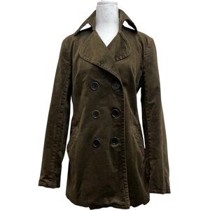 Trina Turk Vintage Brown MicroCorduroy Button Up Double Breasted Pea Coat Jacket